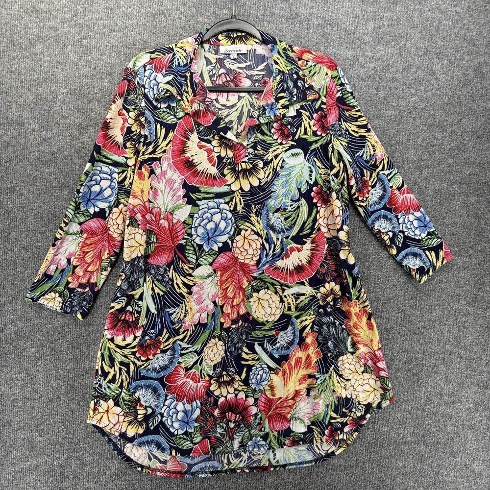 Serengeti Top Womens L Blue Floral V-Neck Tunic Casual Resort Coastal Vacation